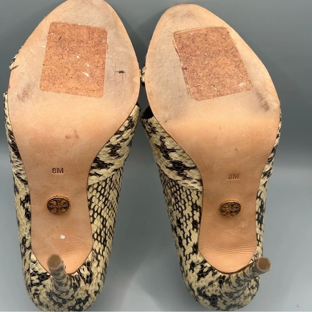 Tory Burch All Leather Snakeskin Peep Toe Pumps Size: 8